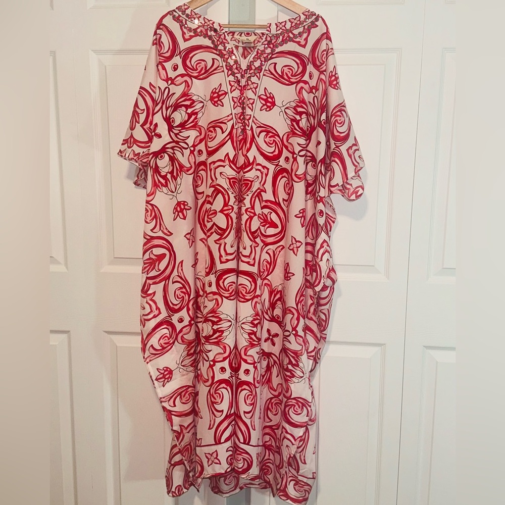Embellished Red and White Floral Caftan Cover up.